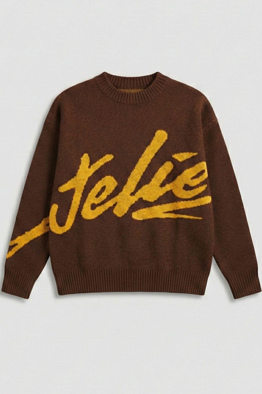 Erkek Kahverengi İşlemeli Oversize Kazak