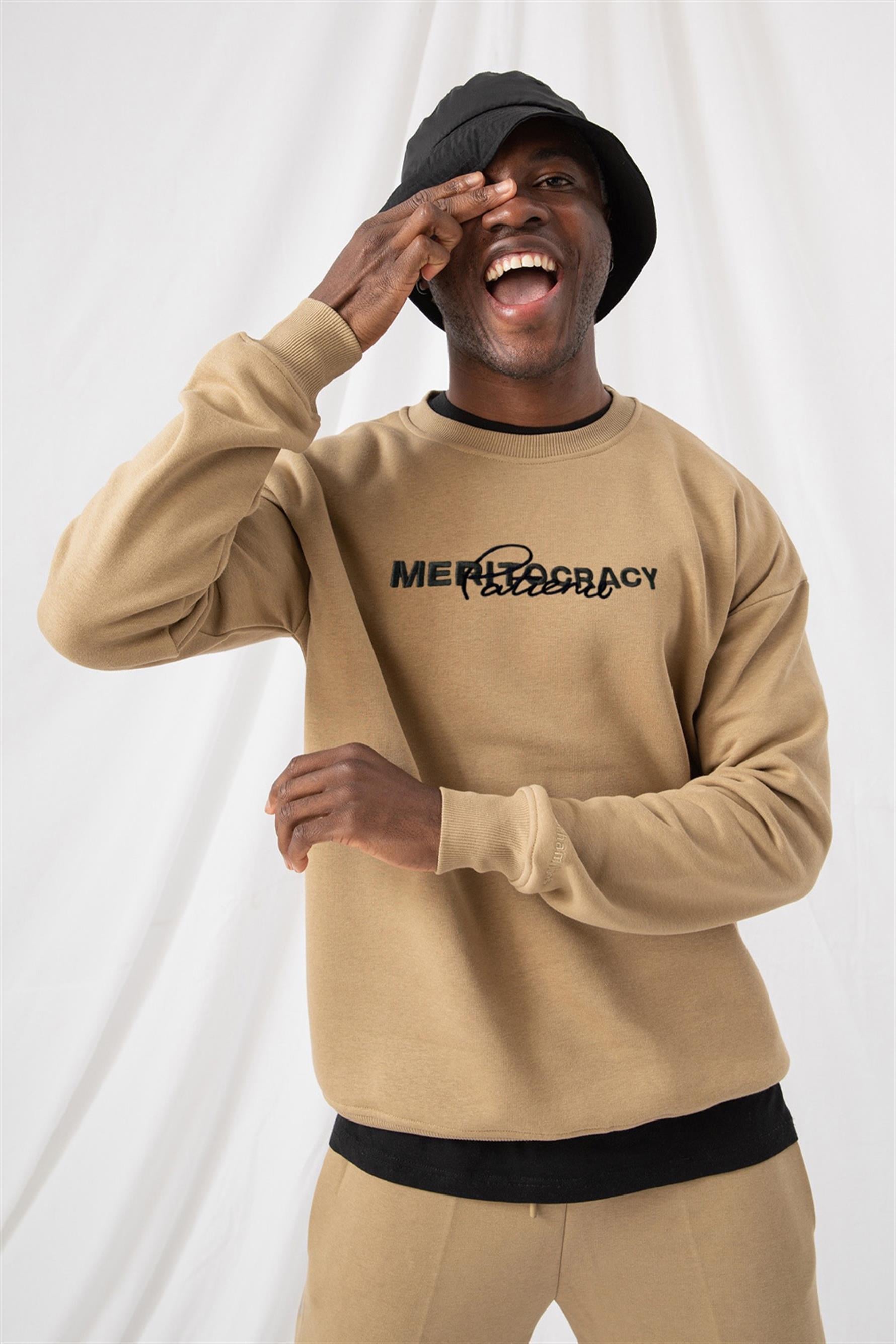 Erkek Merıtocracy Oversize Bej Sweatshirt