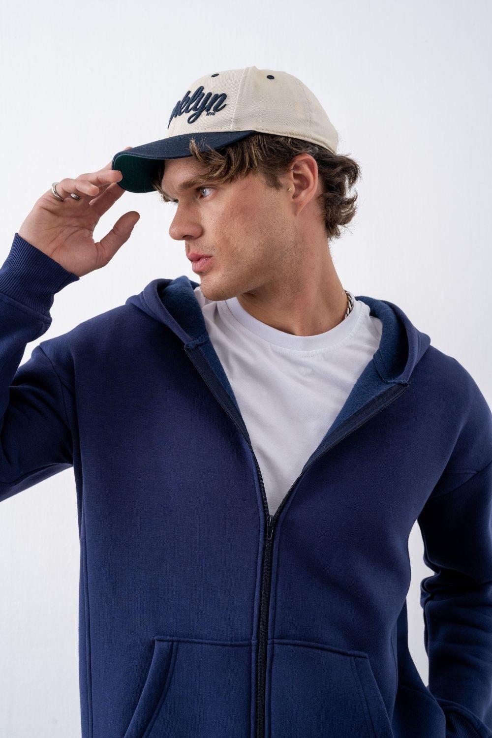 Erkek Oversize Fermuarlı Kapüşonlu Lacivert Sweatshirt