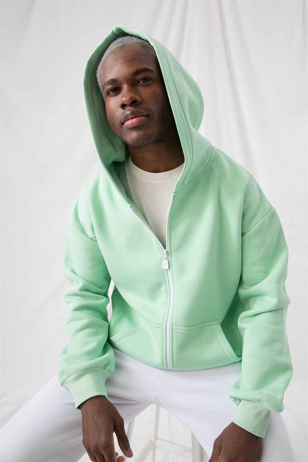 Erkek Oversize Fermuarlı Kapüşonlu Mint Sweatshirt