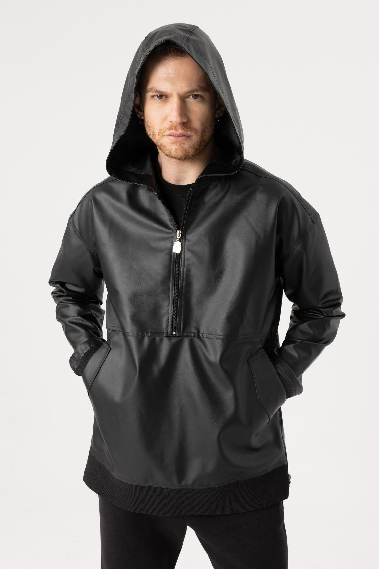 Erkek Siyah Deri Hoodie Yağmurluk