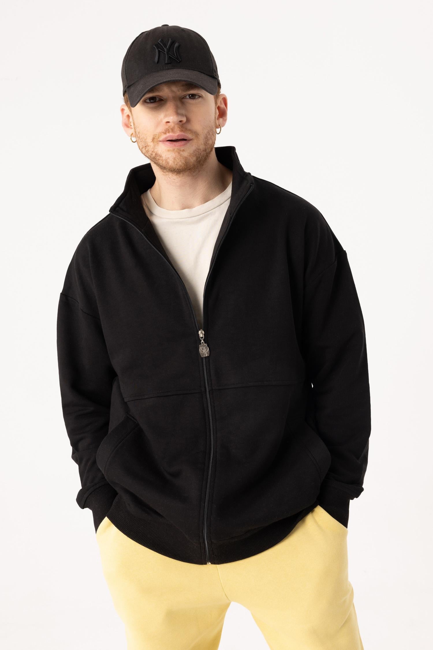 Erkek Siyah Dik Yaka Fermuarlı Oversize Sweatshirt