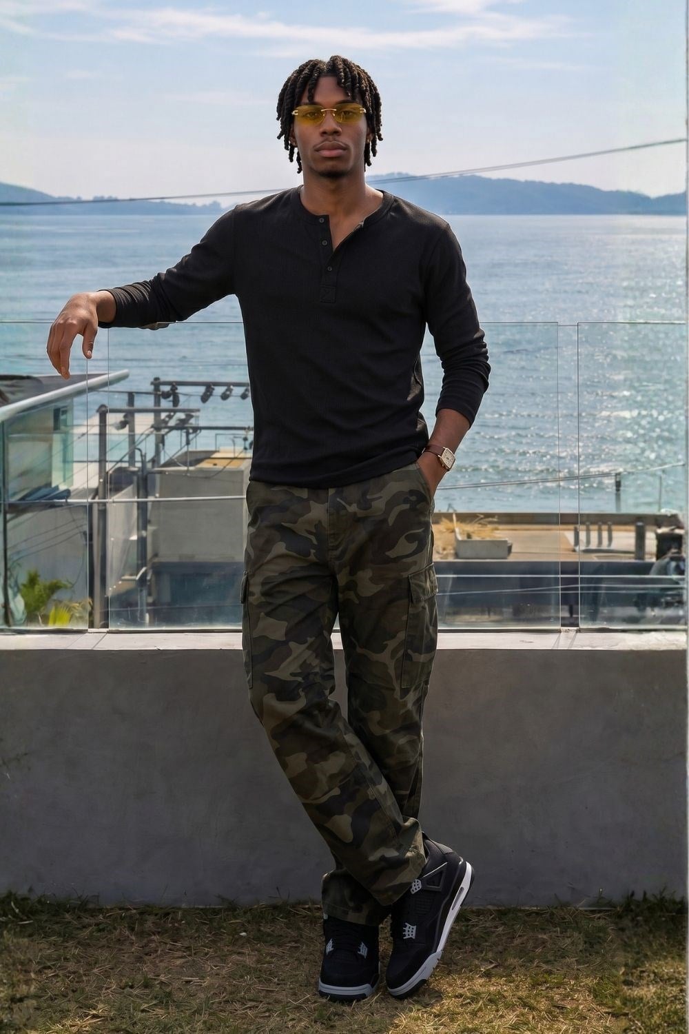 Erkek Siyah Henley  T-Shirt