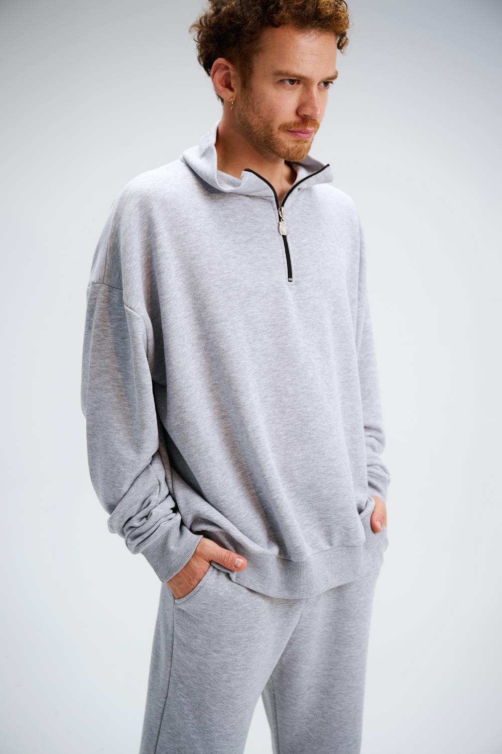 Erkek Timeless Fermuarlı Gri Sweatshirt