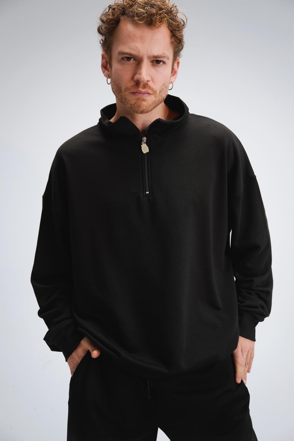 Erkek Timeless Fermuarlı Siyah Sweatshirt