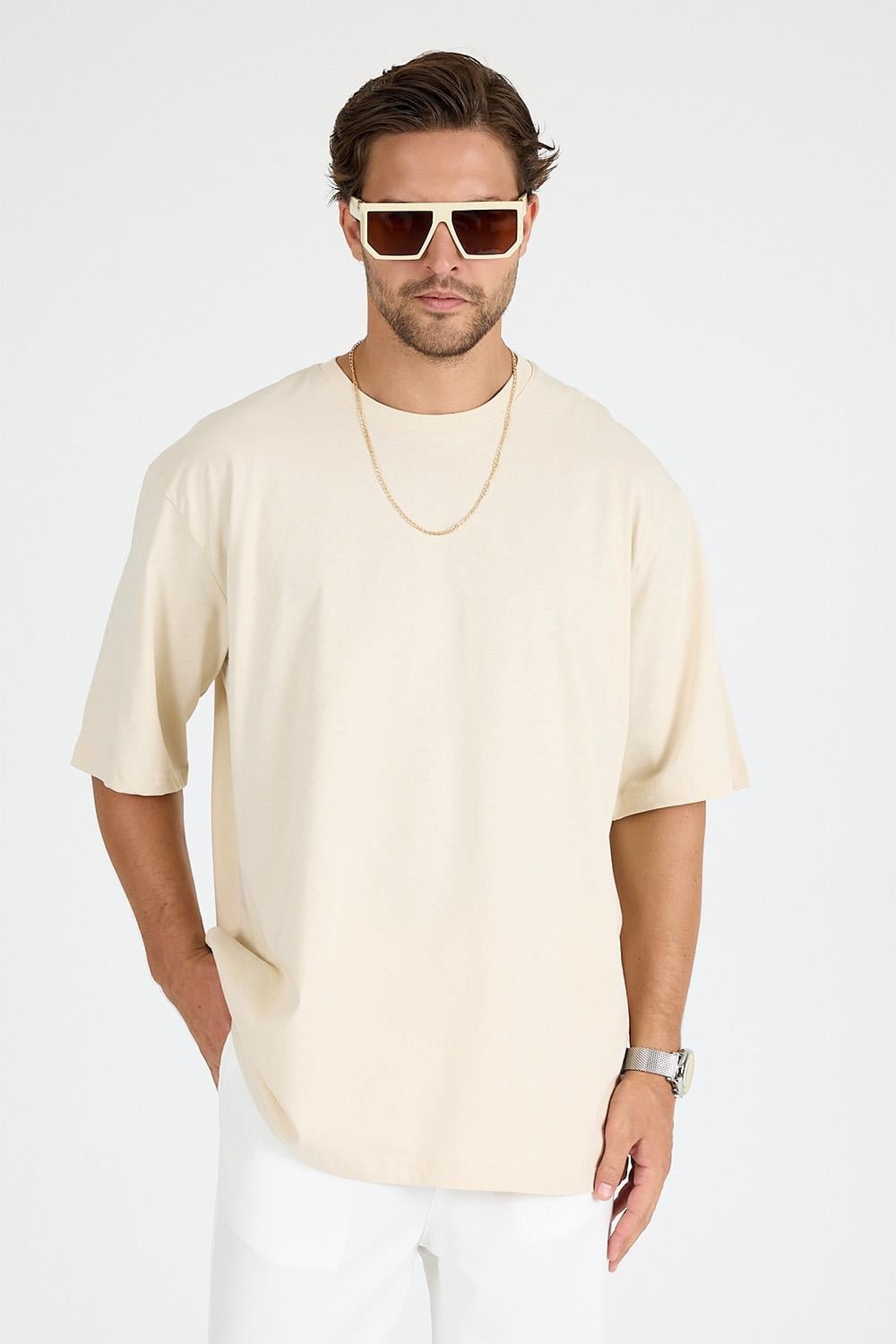 Erkek Timeless Oversize Krem T-Shirt