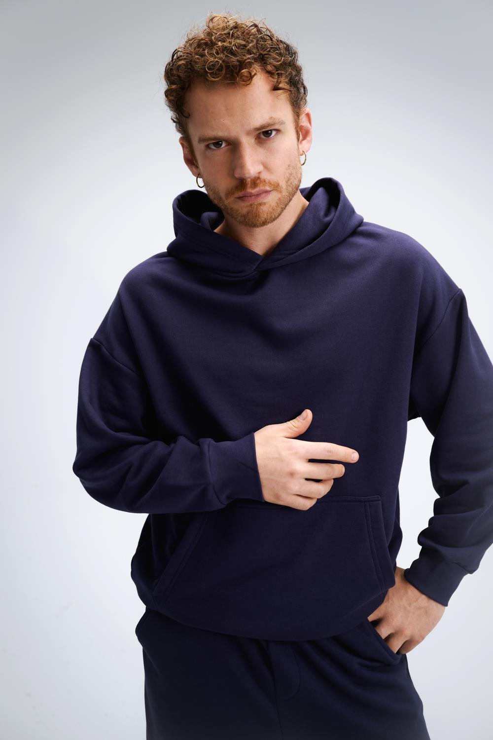 Erkek Timeless Oversize Lacivert Hoodie Sweatshirt