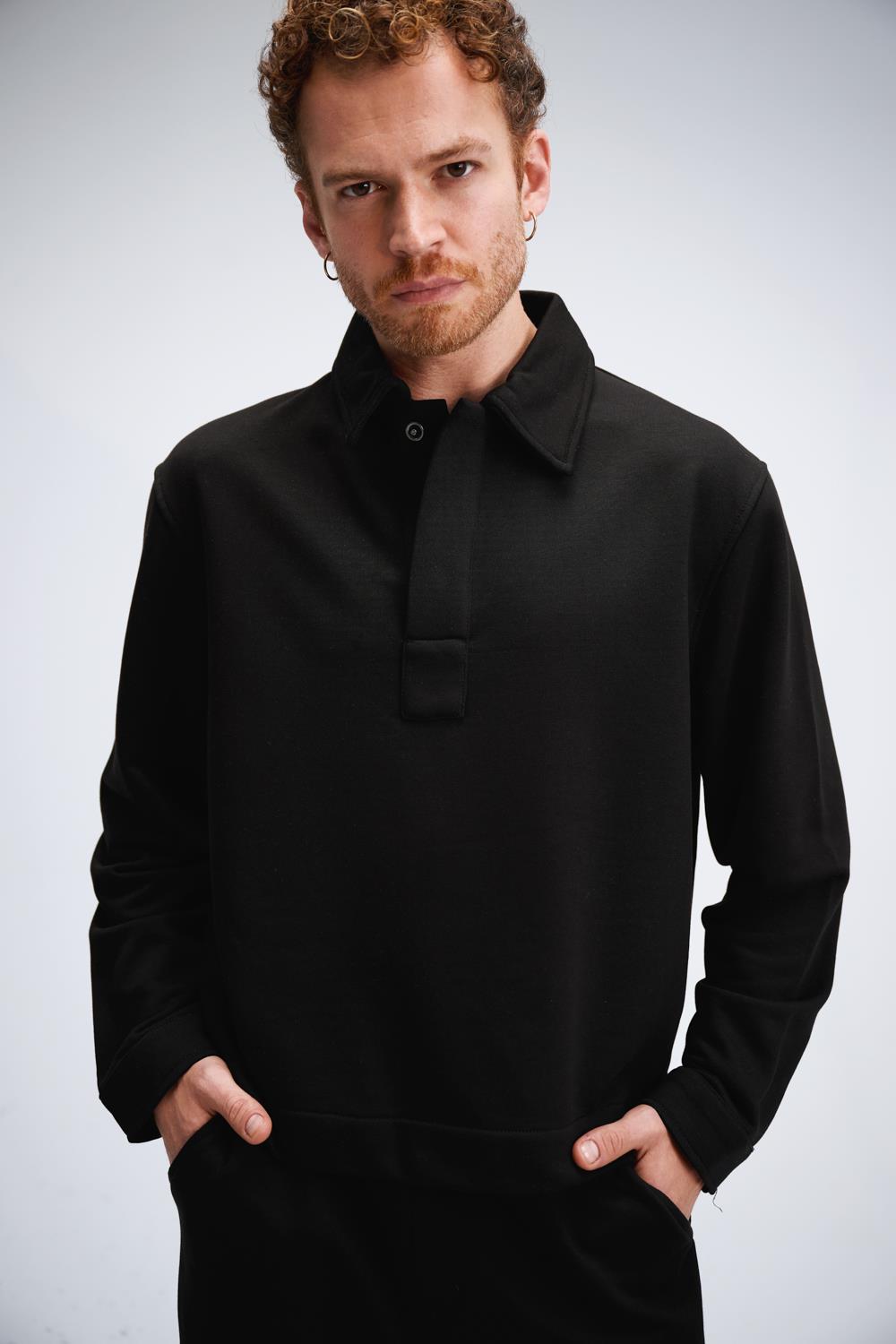Erkek Timeless Polo Yaka Siyah Sweatshirt