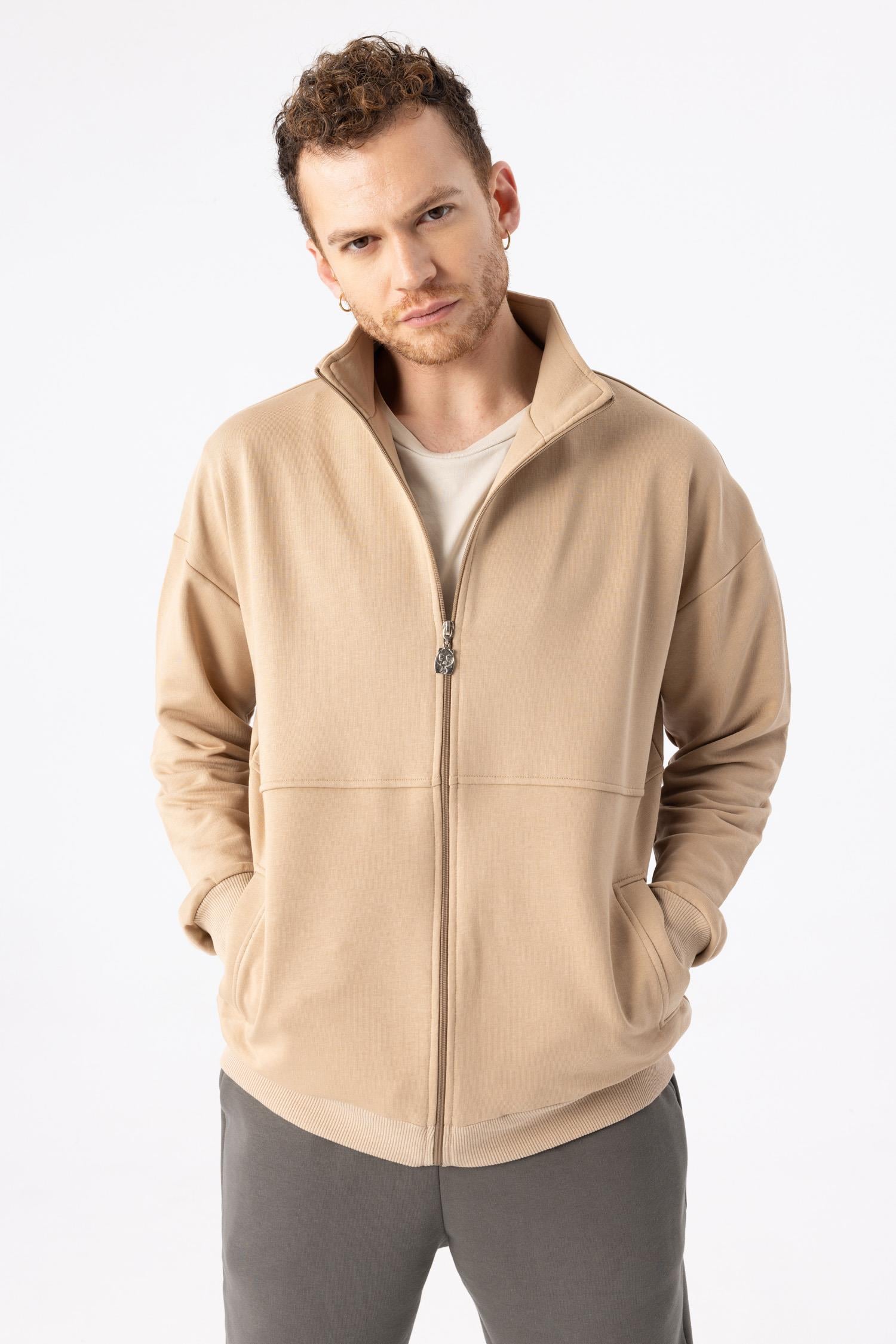 Erkek Vizon Dik Yaka Fermuarlı Oversize Sweatshirt