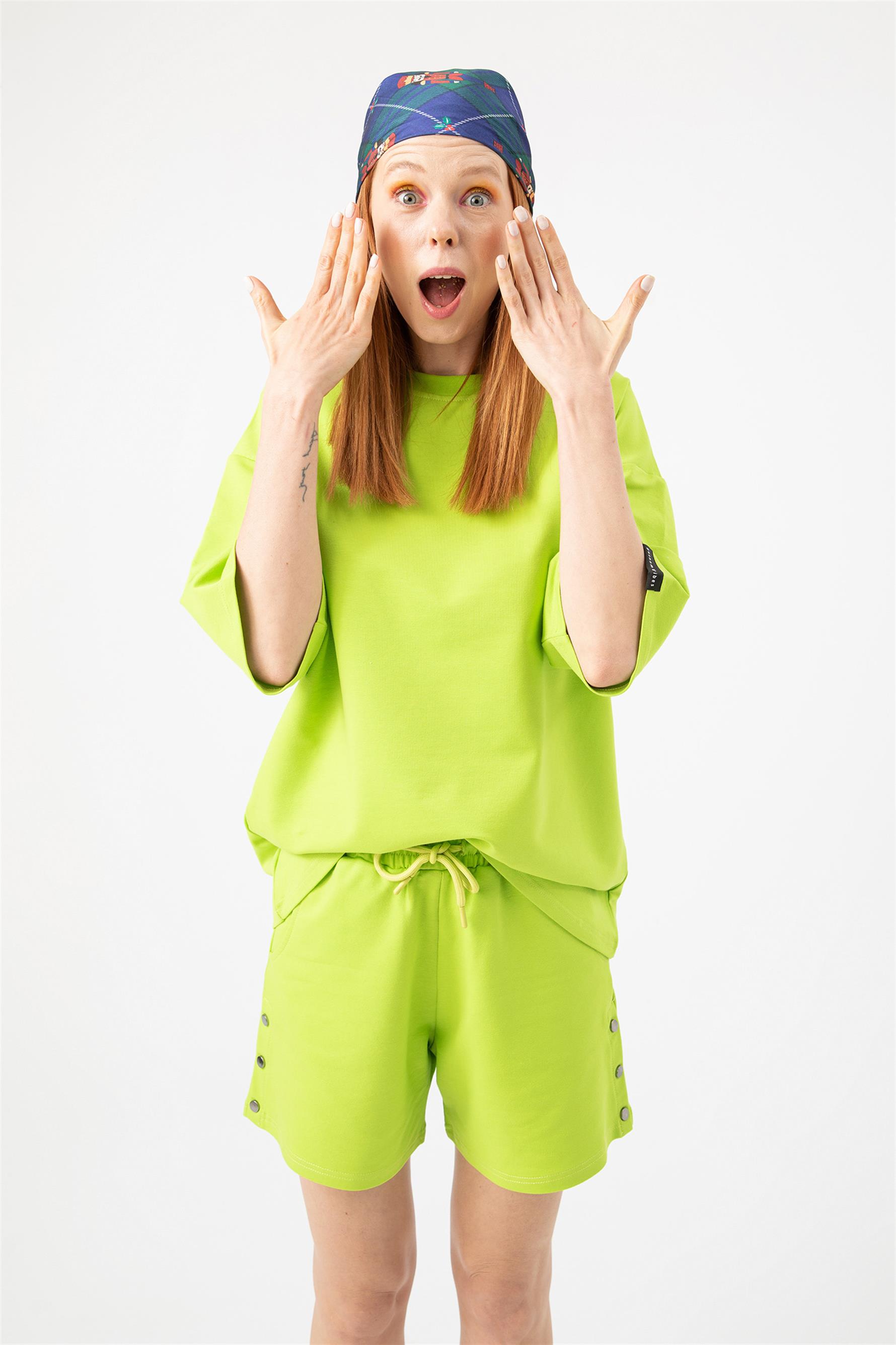 Kadın Base Oversize Lime Yeşili T-Shirt