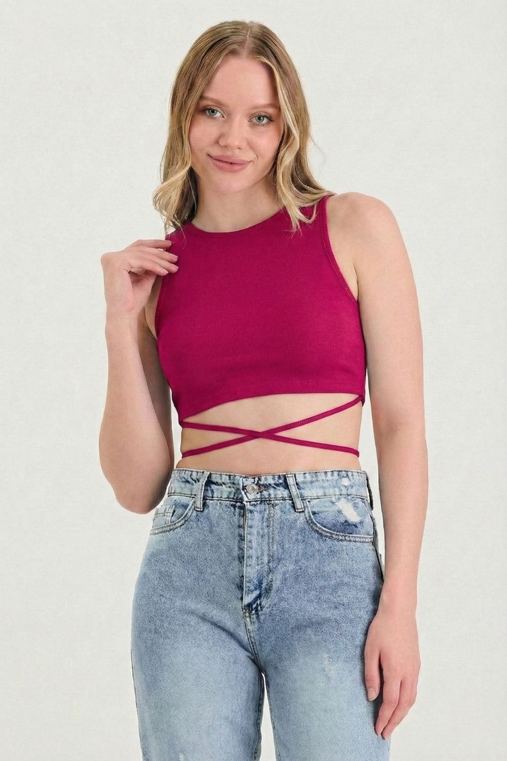 Kadın Belden Bağlamalı Fuşya Crop 