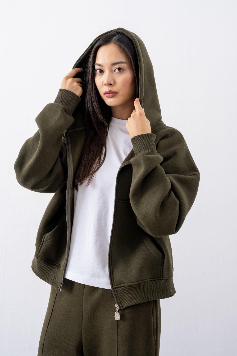 Kadın Chill Oversize Haki Fermuarlı Sweatshirt