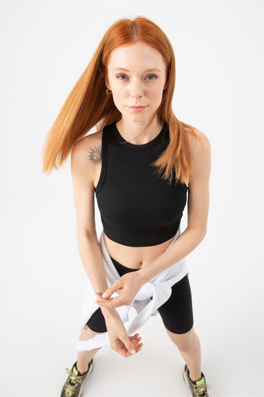 Kadın Fitilli  Siyah Crop T-Shirt