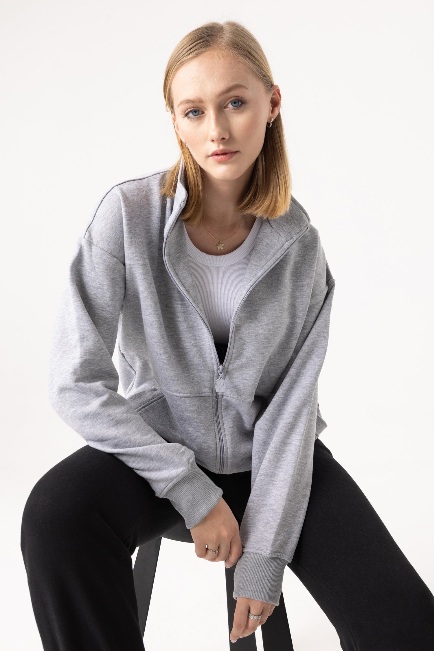 Kadın Gri Dik Yaka Fermuarlı Oversize Sweatshirt