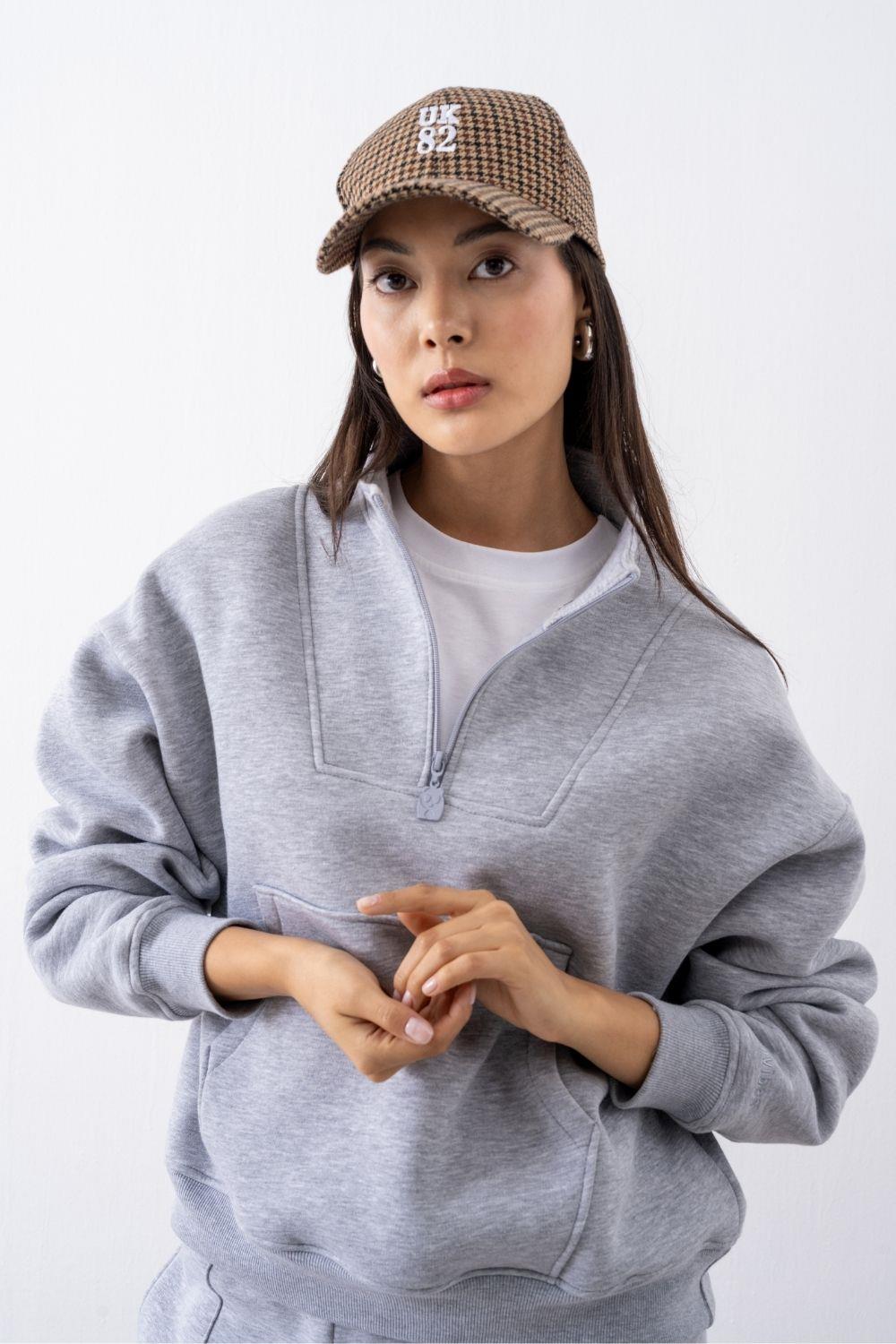 Kadın Gri Fermuarlı Oversize Sweatshirt