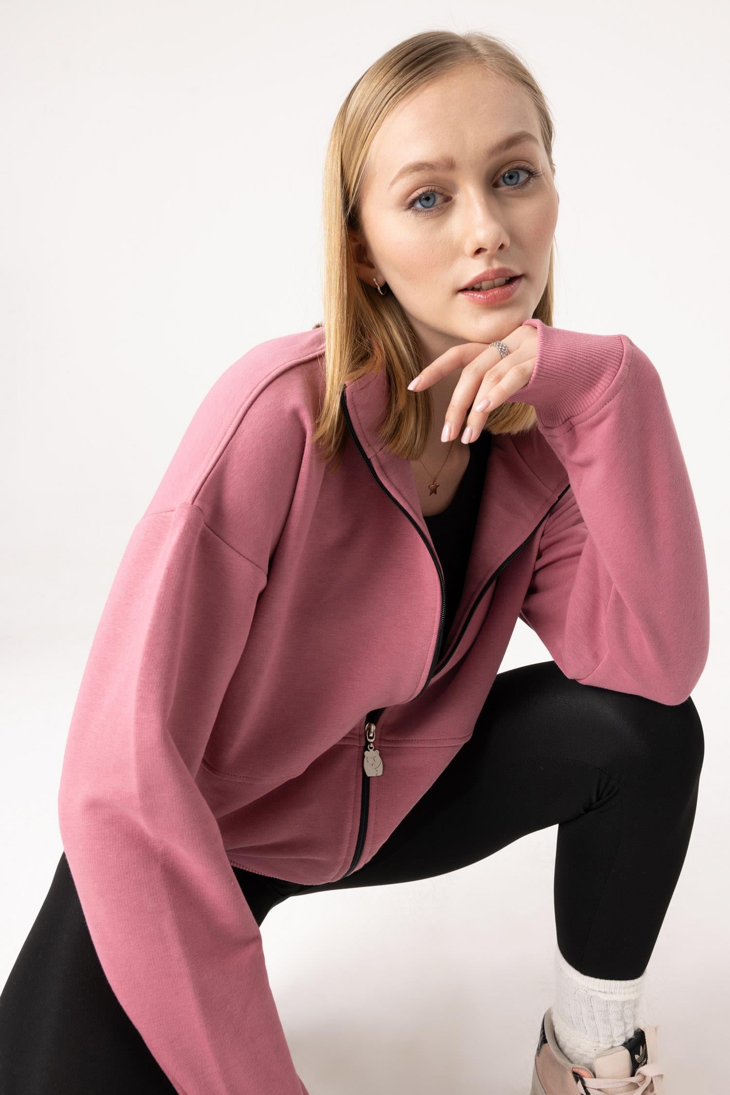 Kadın Gül Kurusu Dik Yaka Fermuarlı Oversize Sweatshirt