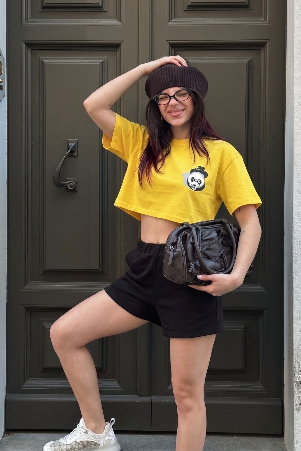 Kadın Kısa Shadow Panda Sarı T-Shirt
