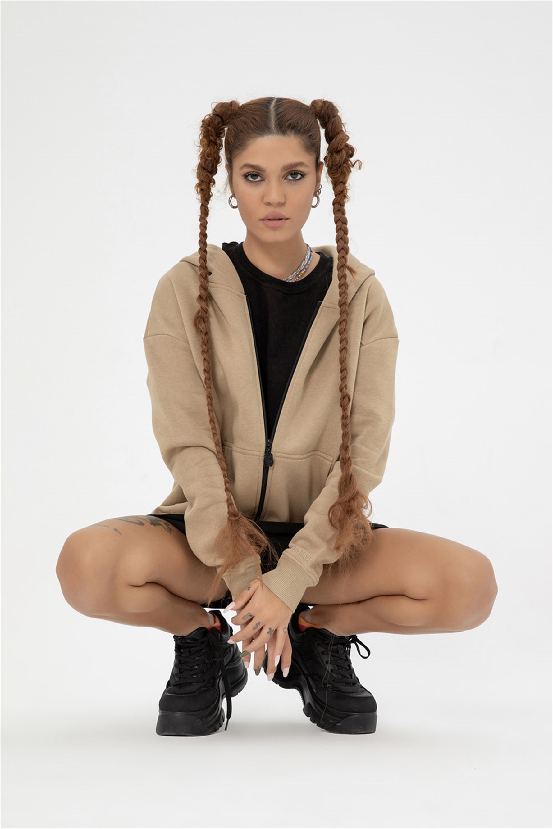 Kadın Oversize Fermuarlı Kapüşonlu Bej Sweatshirt
