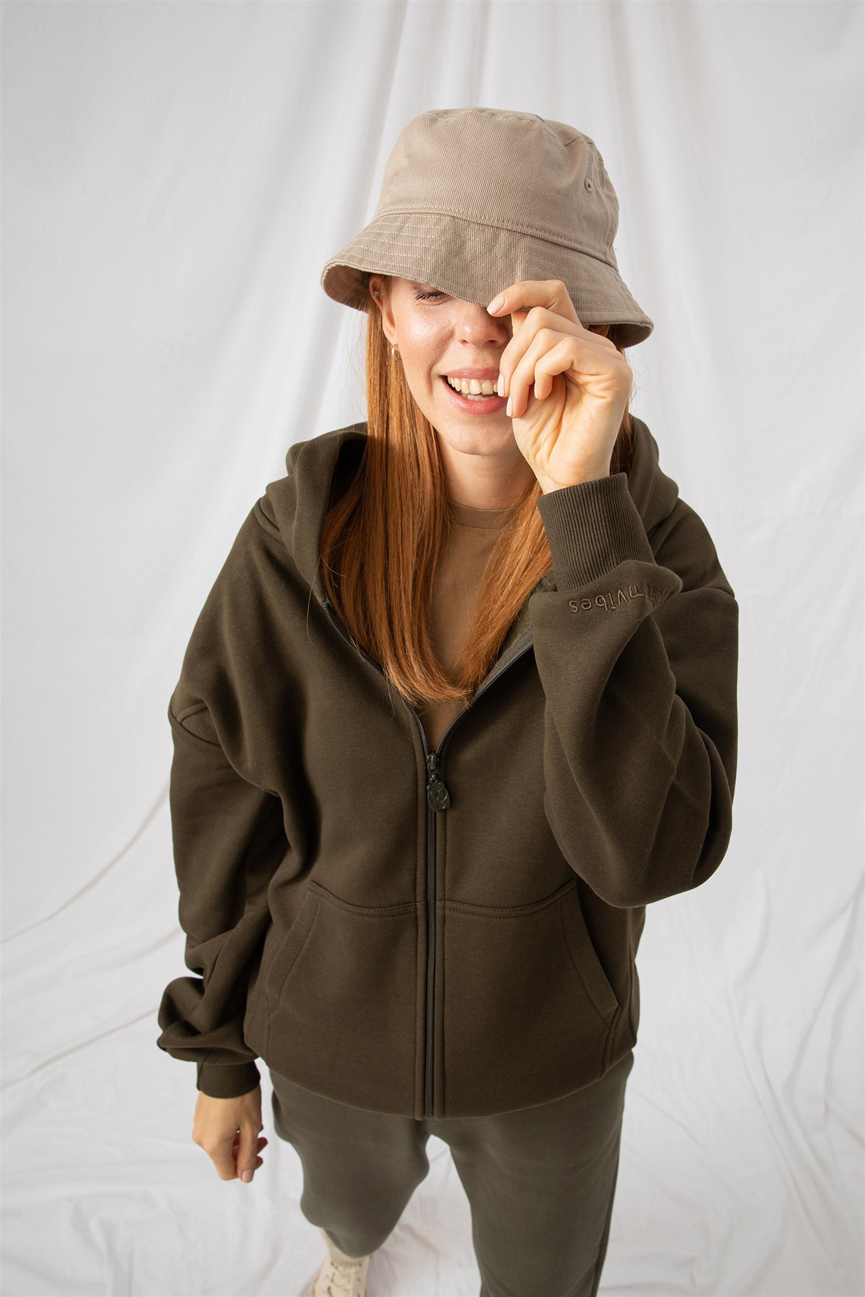 Kadın Oversize Fermuarlı Kapüşonlu Haki Sweatshirt