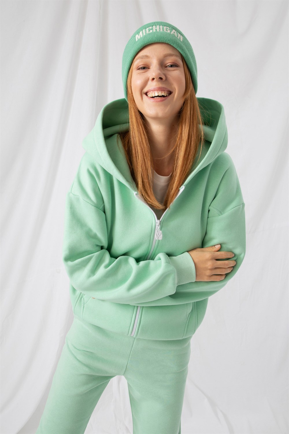 Kadın Oversize Fermuarlı Kapüşonlu Mint Sweatshirt