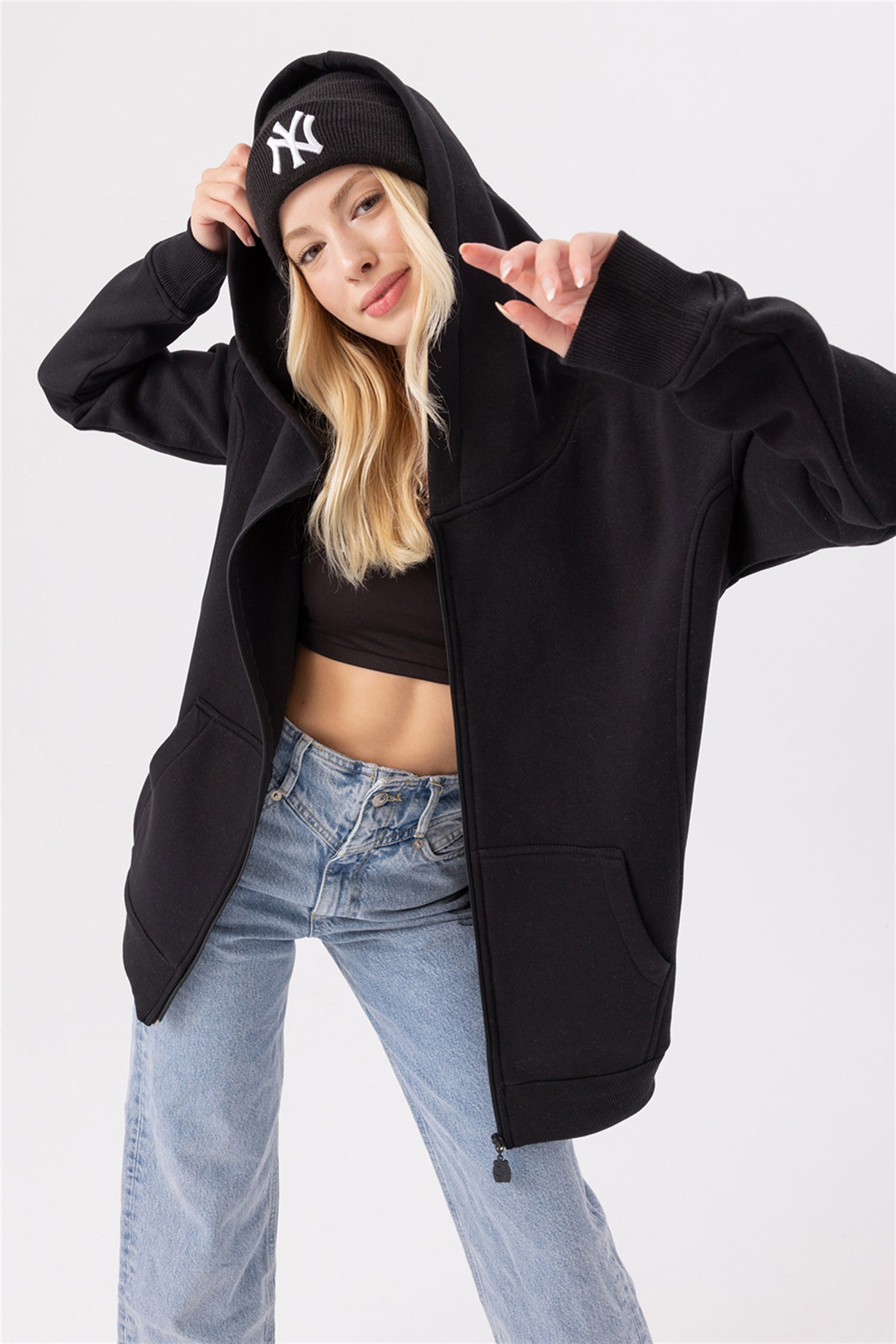 Kadın Oversize Fermuarlı Kapüşonlu Siyah Sweatshirt