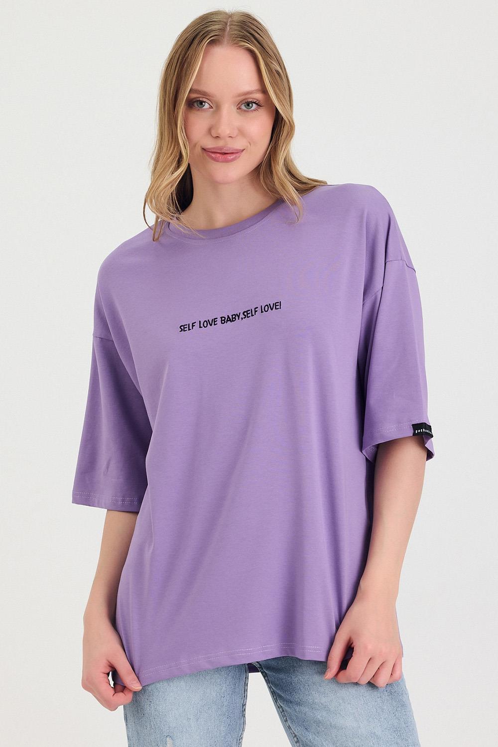 Kadın Self Love Oversize Mor T-Shirt