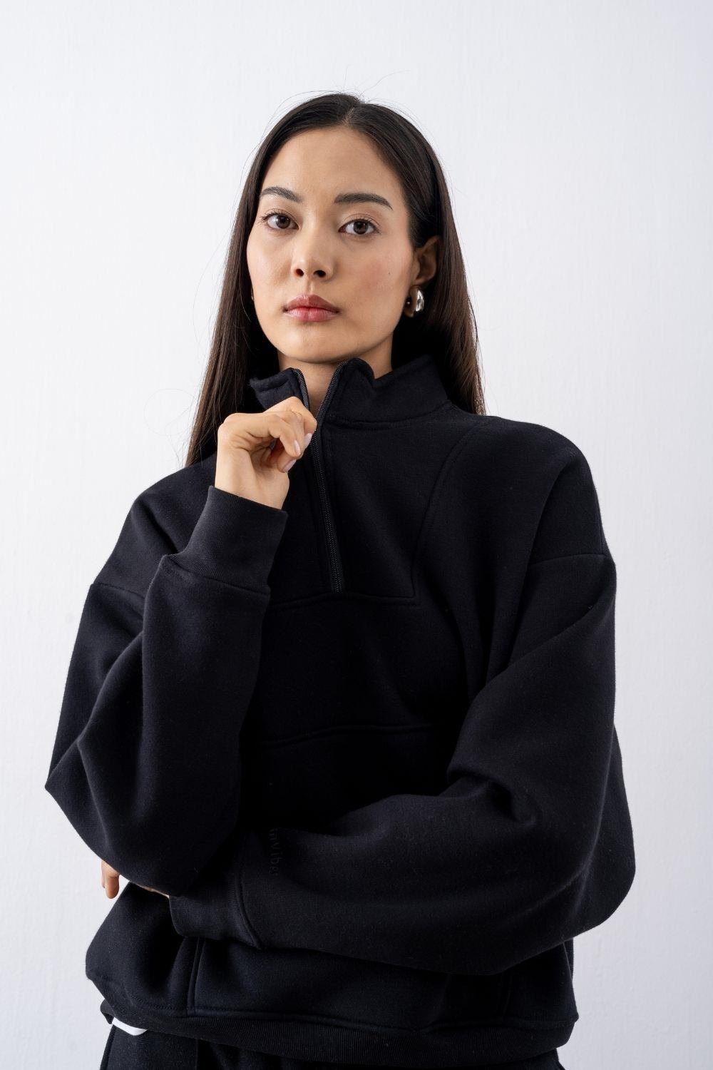 Kadın Siyah Fermuarlı Oversize Sweatshirt