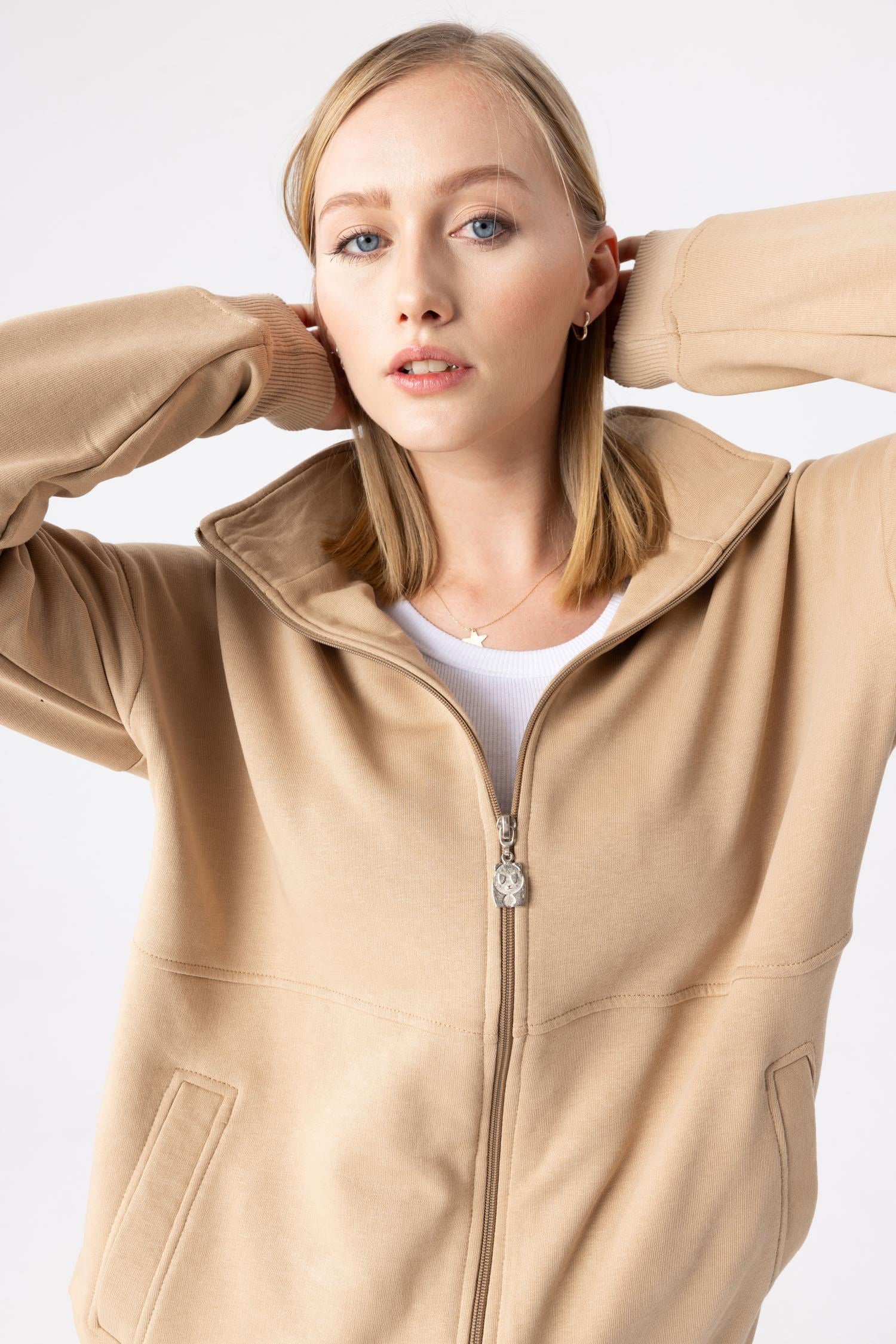 Kadın Vizon Dik Yaka Fermuarlı Oversize Sweatshirt