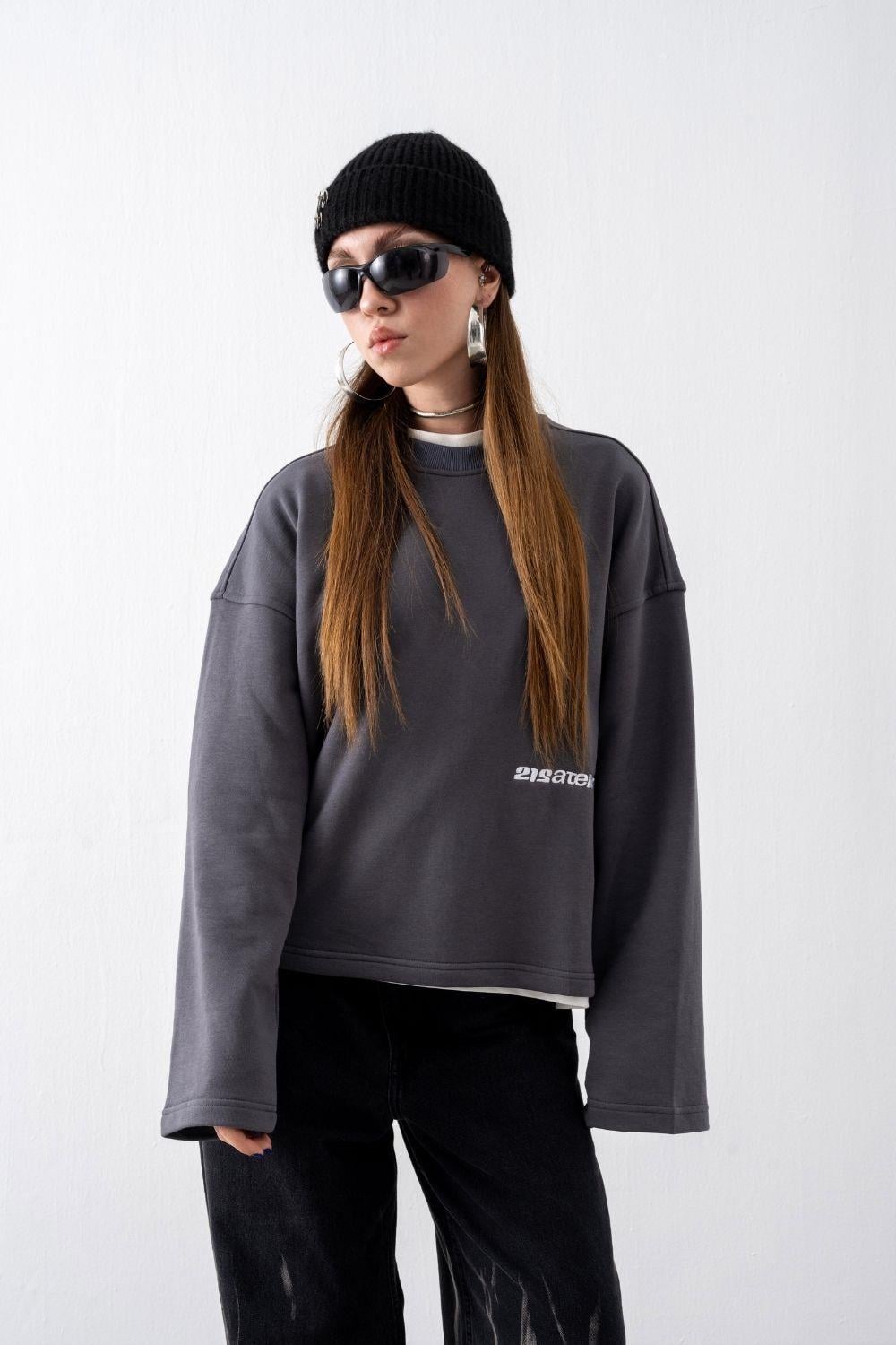 Vibes X 212 ATELİER Füme Cropped Boxy Fit Sweatshirt