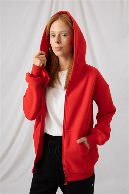 Kadın Oversize Fermuarlı Kapüşonlu Kırmızı Sweatshirt - Gotham.com.tr