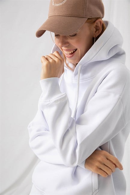 Kadın Stay Oversize Beyaz Hoodie Sweatshirt - Gotham.com.tr