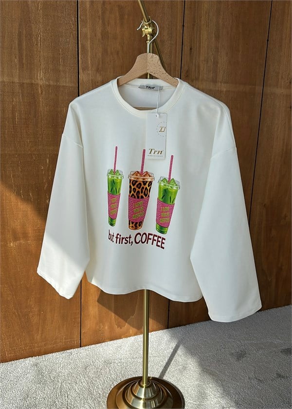 Coffee Basklı Uzun Kollu Tişört EKRU