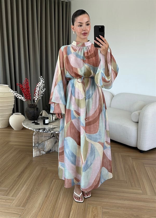 Dalga Desenli Soft Elbise RENKLİ