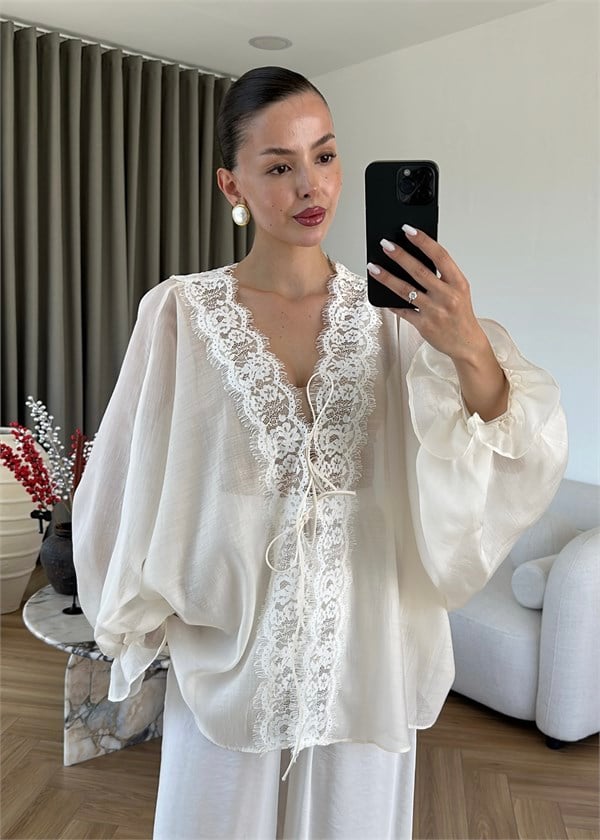 Dantelli Transparan Kimono BEYAZ