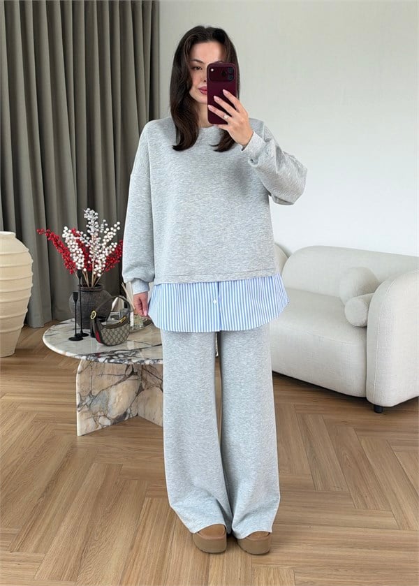 Gömlek Detaylı Sweatshirt Takım GRİ
