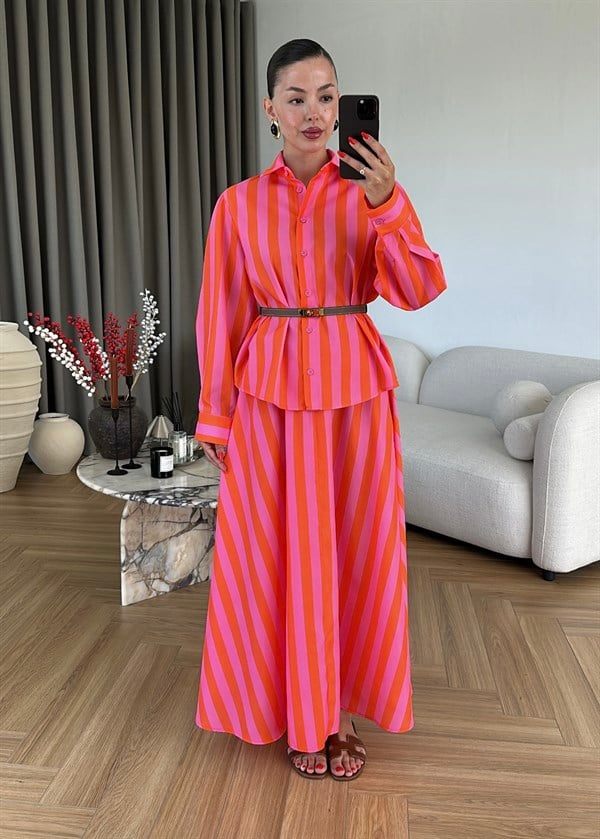 Kalın Çizgili Etekli Takım PEMBE