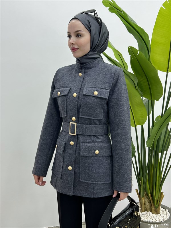 Kemerli Düğmeli Fit Ceket Kaban ANTRASİT