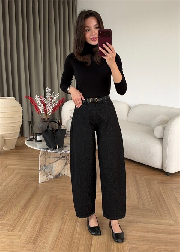 Leopar Desen Balon Jean SİYAH