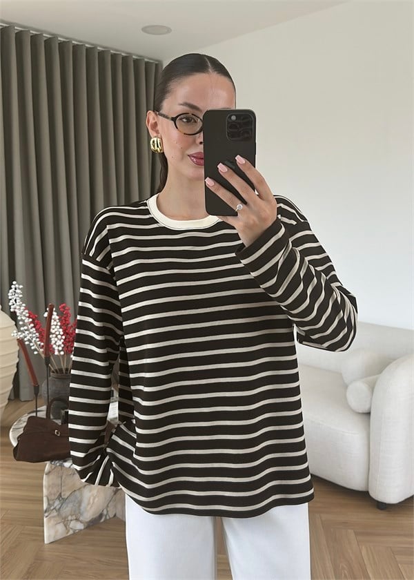Marin Stil Çizgili Tişört ACI KAHVE