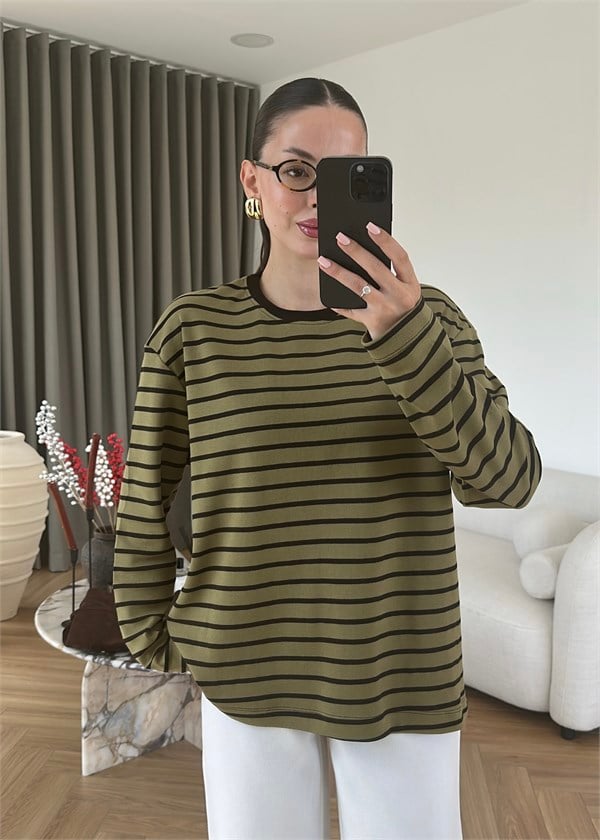 Marin Stil Çizgili Tişört HAKİ