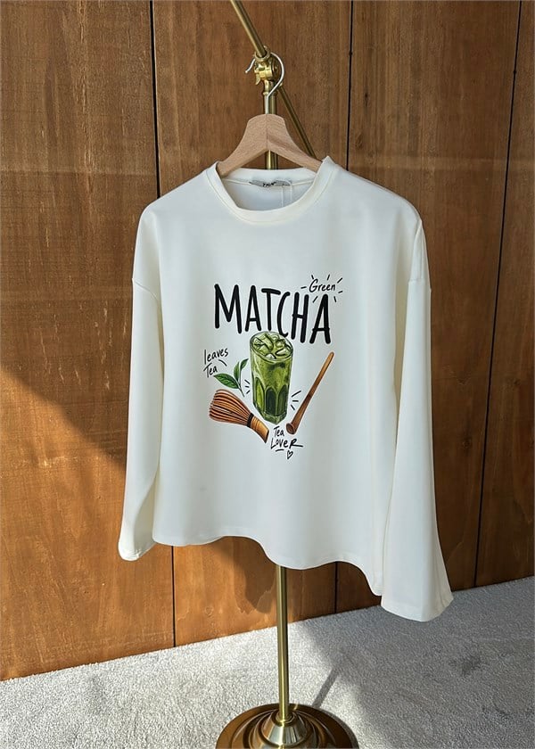 Matcha Baskılı Uzun Kollu Tişört EKRU