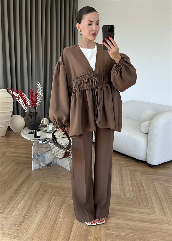 Robalı Kimono Ceket Takım KAHVERENGİ