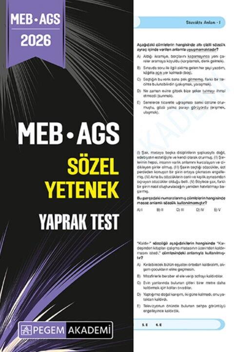 Pegem Yayınları 2026 MEB AGS Sözel Yetenek Yaprak Test