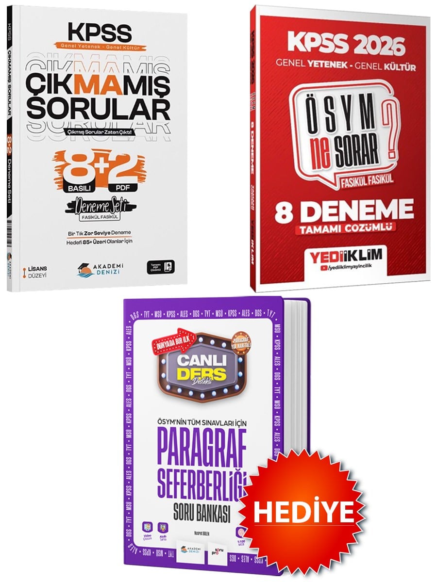 Akademi Denizi KPSS GYGK Çıkmamış Sorular 8+2 Deneme Seti+Yediiklim ÖSYM NE SORAR GY-GK 8 Deneme+Paragraf Seferberliği Hediye