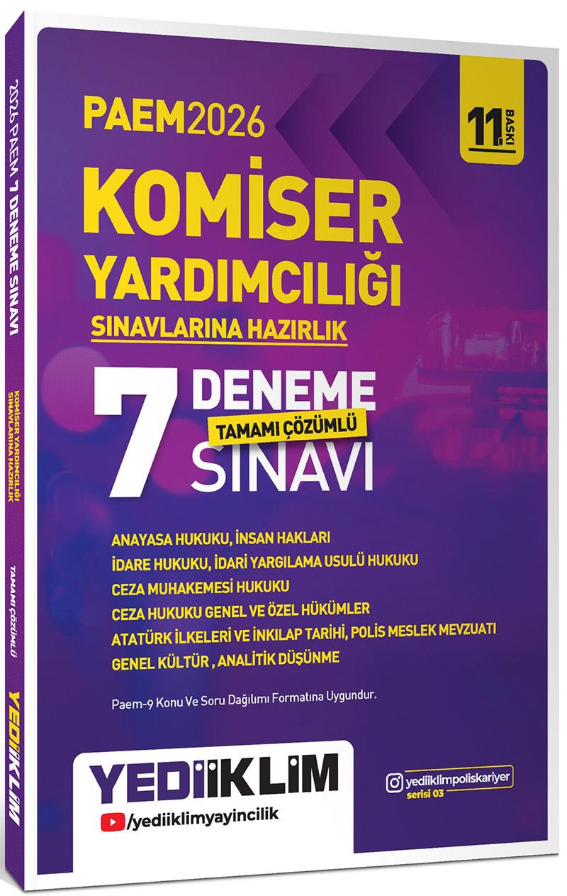 Yediiklim 2026 PAEM Komiser Yardımcılığı Sınavlarına Hazırlık Tamamı Çözümlü 7 Deneme Sınavı