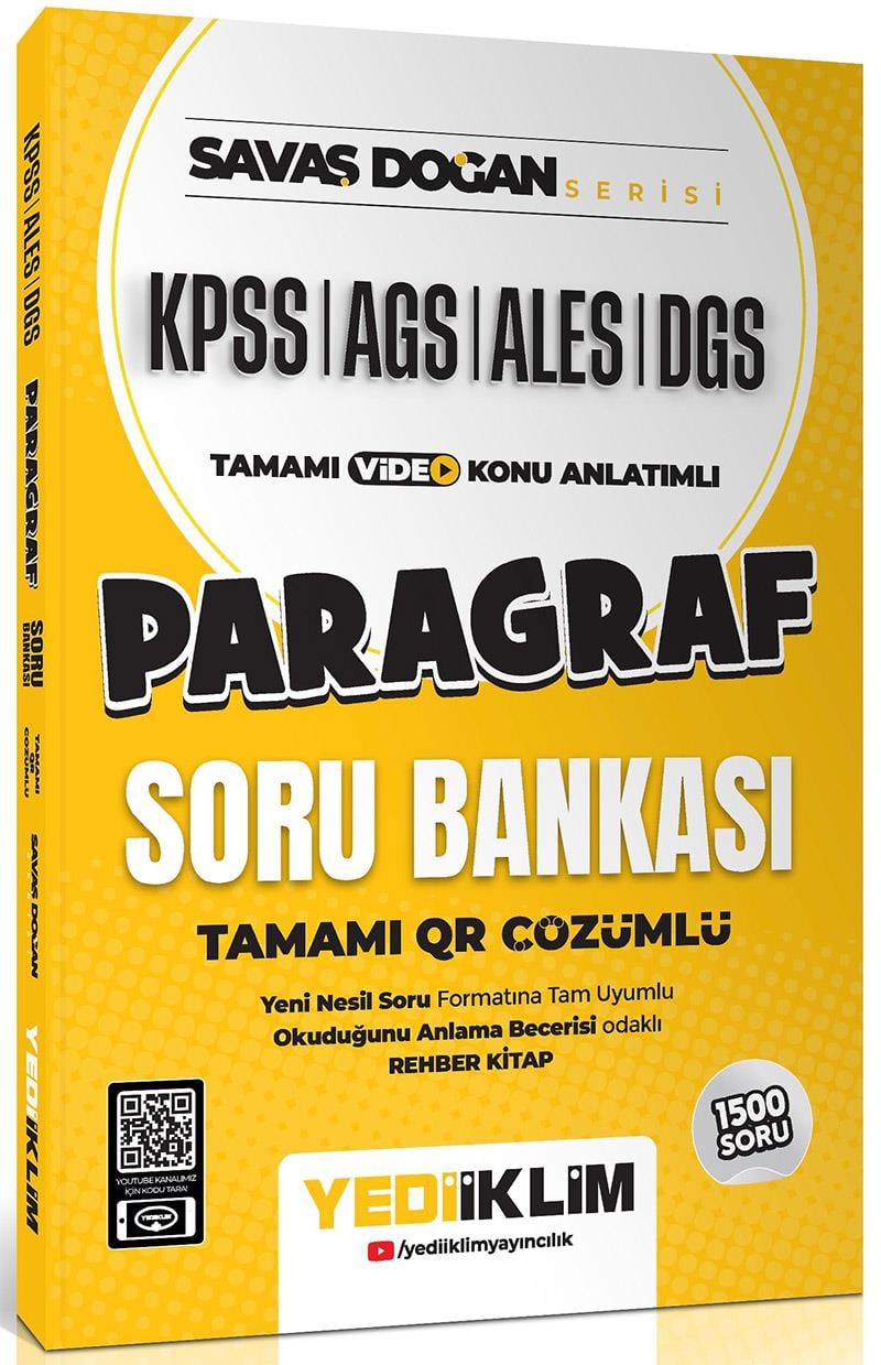 Yediiklim KPSS ALES DGS Savaş Doğan Serisi Paragraf Tamamı Video Konu Anlatımlı ve Tamamı QR Çözümlü Soru Bankası Orijinal Sarı Kitap