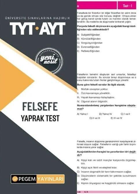 Pegem Yayınları TYT AYT Felsefe Yaprak Test