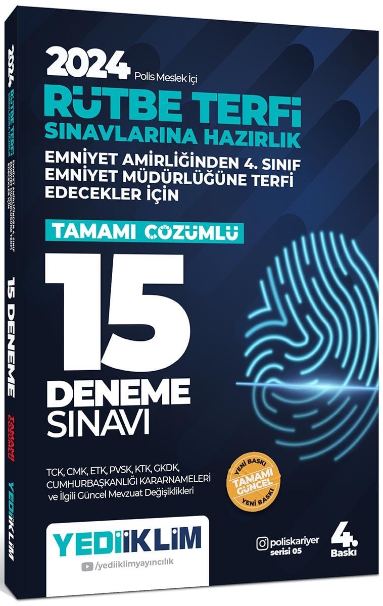 Yediiklim 2024 Polis Meslek İçi Rütbe Terfi Sınavlarına Hazırlık Tamamı Çözümlü 15 Deneme Sınavı