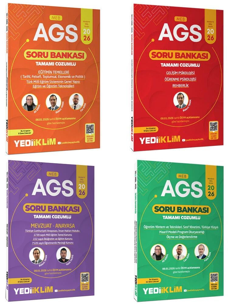 Yediiklim 2026 MEB AGS Eğitimin Temelleri ,Mevzuat Anayasa,ÖYT Sınıf Yönetimi ,Gelişim Psikolojisi Tamamı Çözümlü Soru Bankası Seti