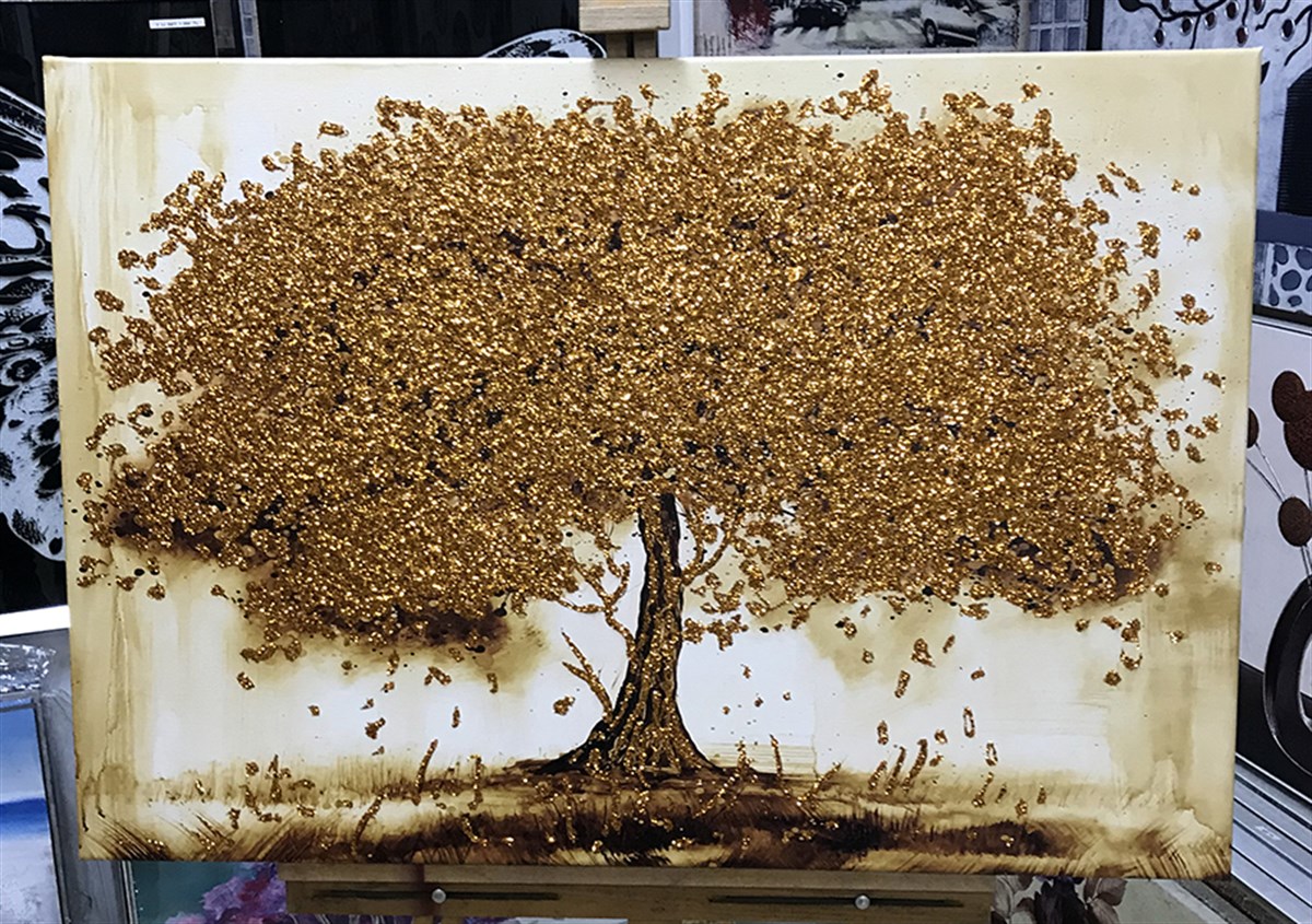 Bronz Simli Yatay Ağaç Kanvas Tablo